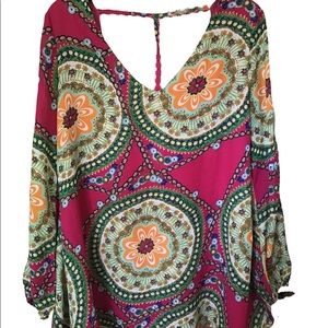 Xtaren Blouse Sz L Pink Floral Lined T-back detail Open balloon sleeve